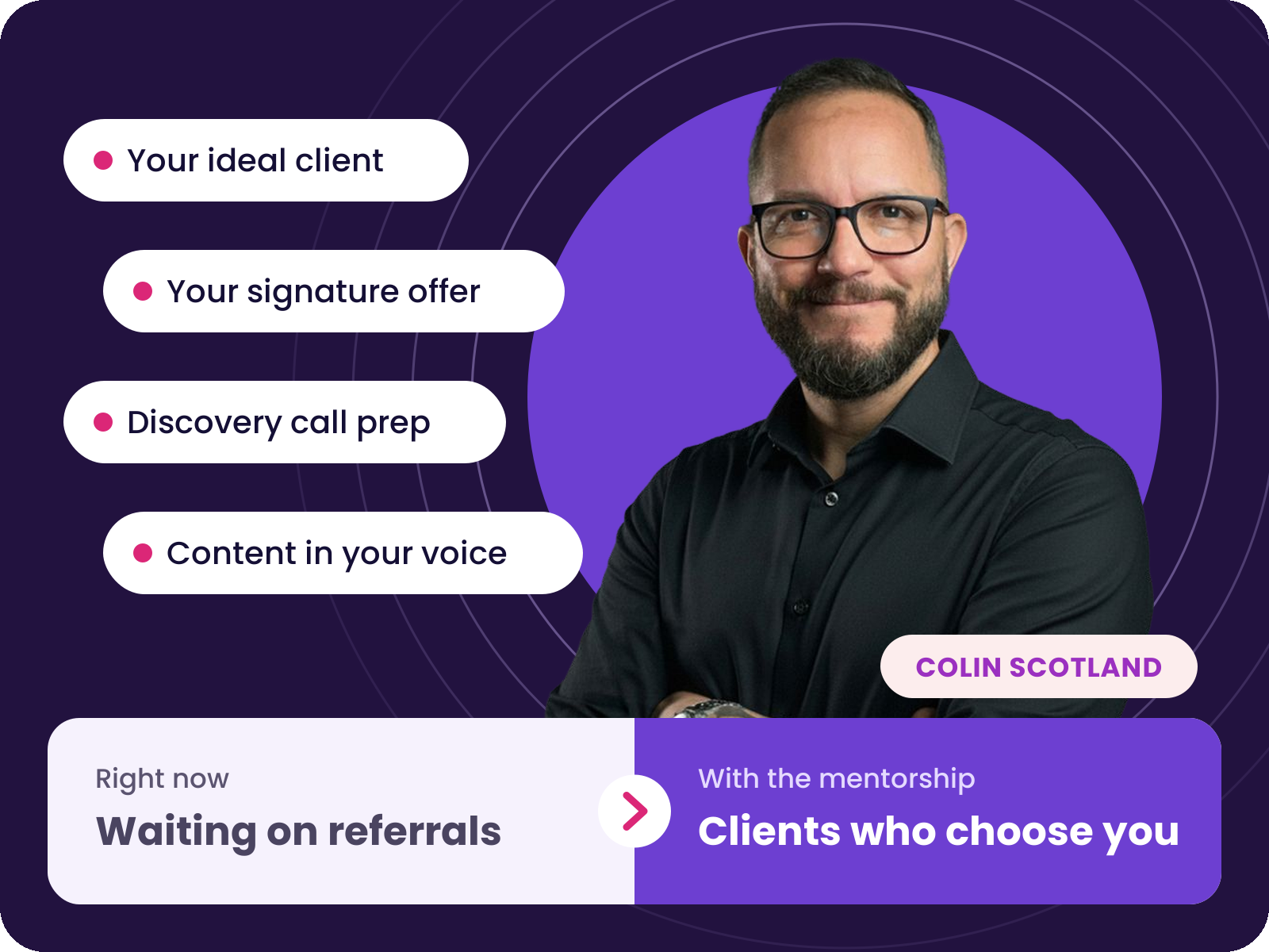 Colin Scotland beside the business assets coaches build in the mentorship, with a shift from waiting on referrals to clients who choose you