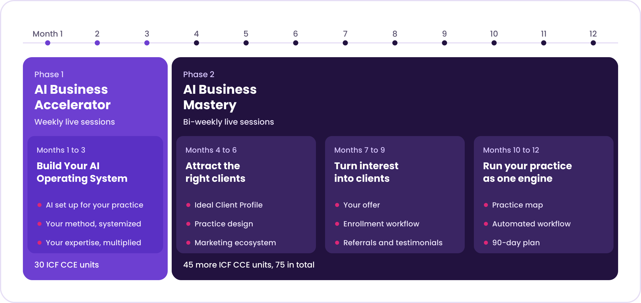 A 12-month timeline. Phase 1, the AI Business Accelerator, runs Months 1 to 3 with weekly live sessions to build your AI operating system: AI set up for your practice, your method systemized and your expertise multiplied. Phase 2, AI Business Mastery, runs Months 4 to 12 with bi-weekly sessions across three stages: attract the right clients, turn interest into clients, and run your practice as one engine.