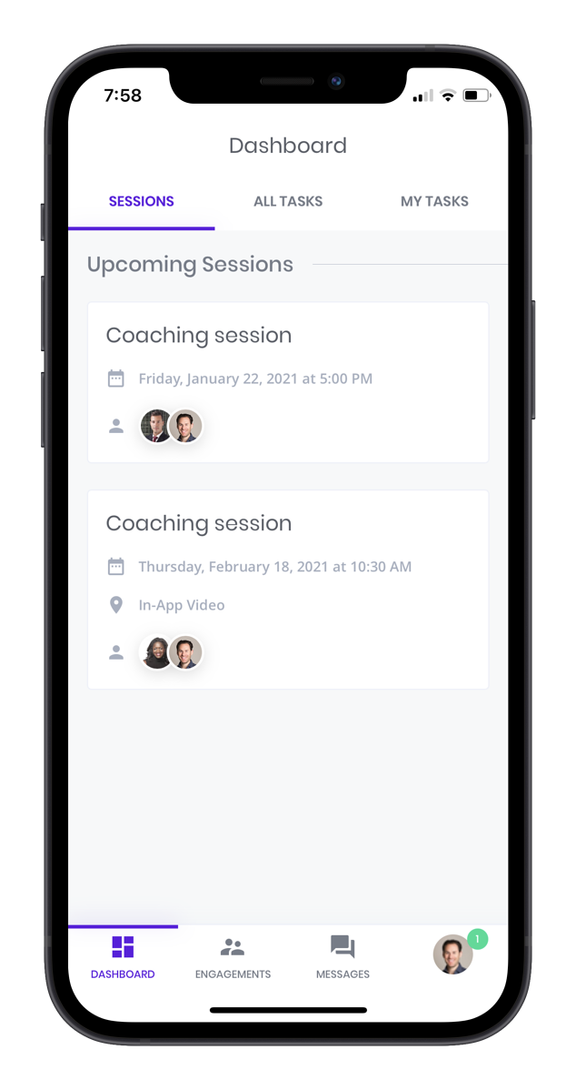 Coaching.com Mobile App screenshots for dashboard, chat and videoconferencing